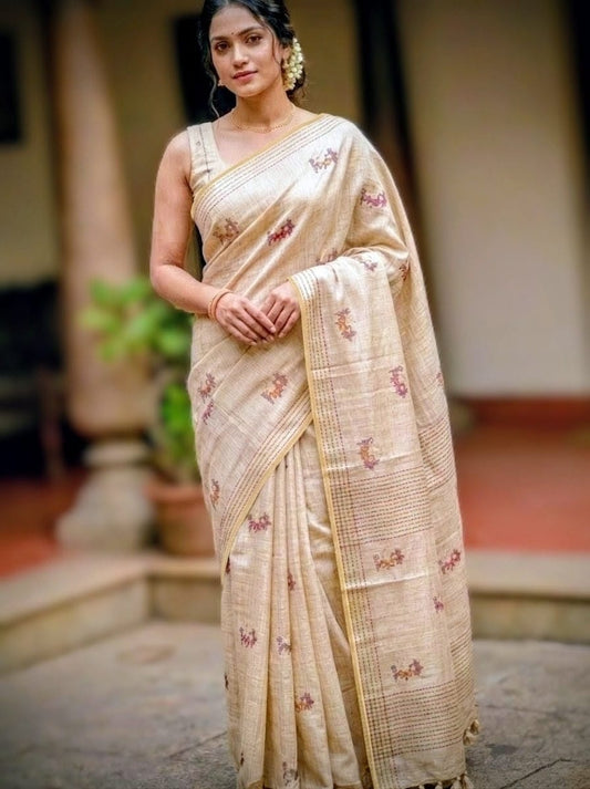 Vishu special saree with light golden border and thread work